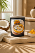 Mango Coconut Cream Candle in a stylish jar with tropical decor, highlighting its fruity scent and creamy coconut essence.