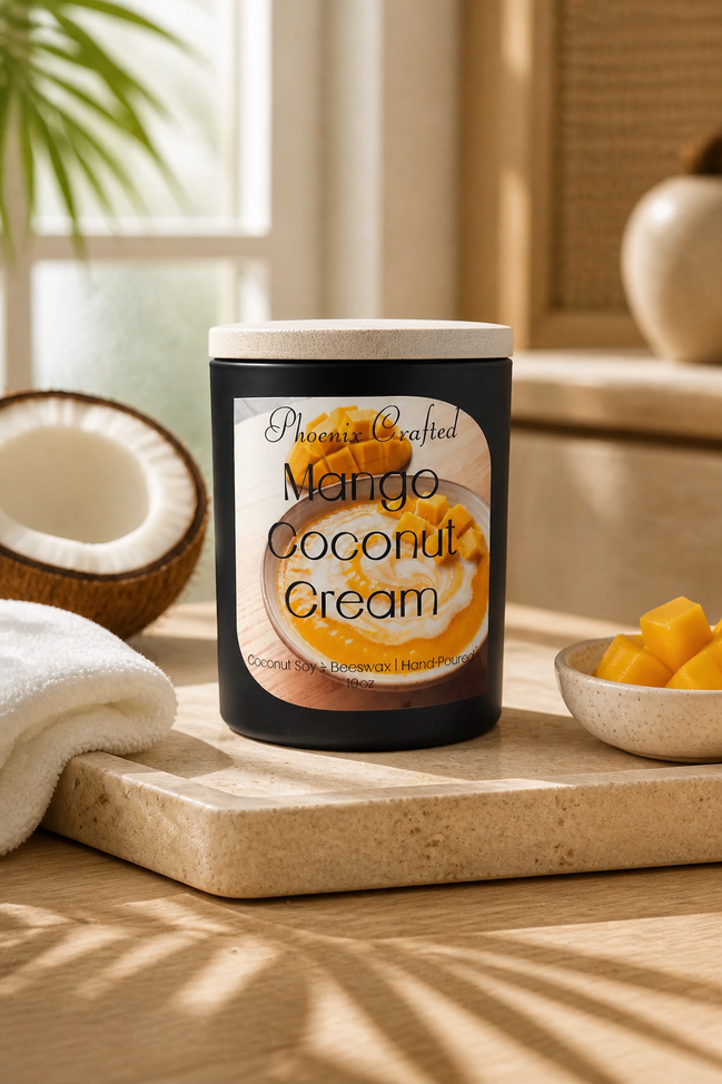 Mango Coconut Cream Candle in a stylish jar with tropical decor, highlighting its fruity scent and creamy coconut essence.