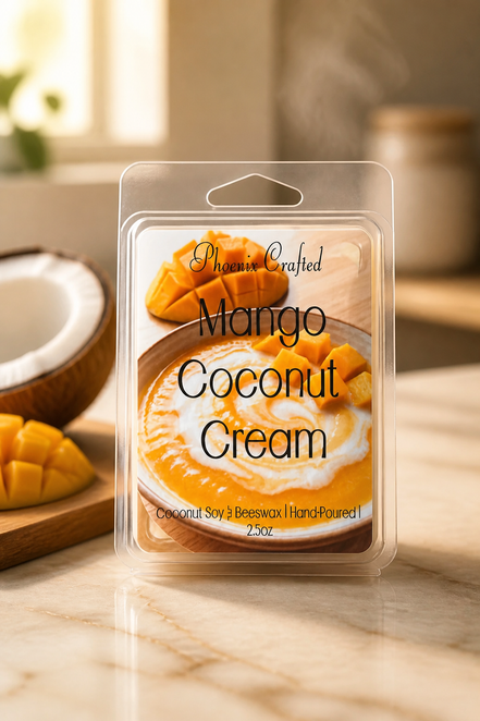 Mango Coconut Cream Wax Melts pack featuring creamy mango and coconut blend, crafted from coconut soy and beeswax.