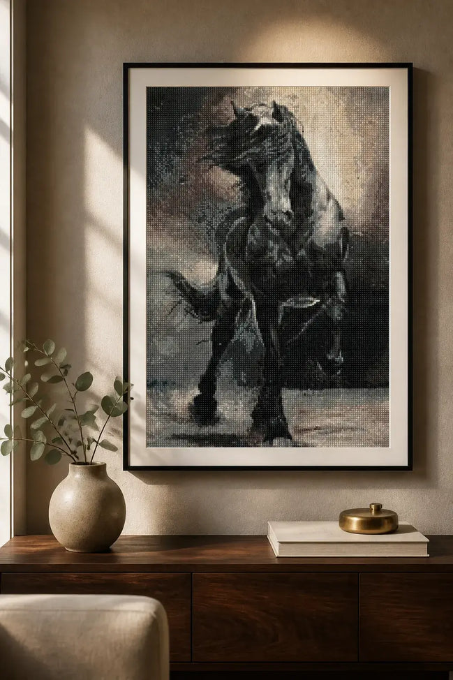 Midnight Fury Diamond Painting featuring a black stallion in dramatic motion
