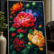 Midnight Garden Bloom floral diamond artwork shown in a styled white-frame mockup; artwork is sold unframed.