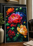 Midnight Garden Bloom floral diamond artwork shown in a styled white-frame mockup; artwork is sold unframed.