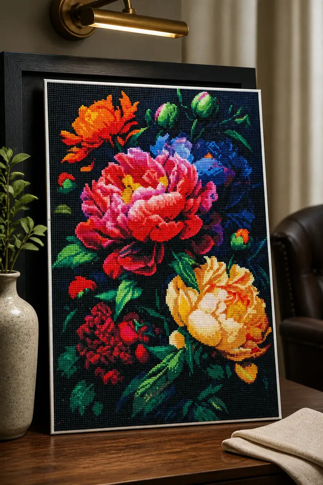 Midnight Garden Bloom floral diamond artwork shown in a styled white-frame mockup; artwork is sold unframed.