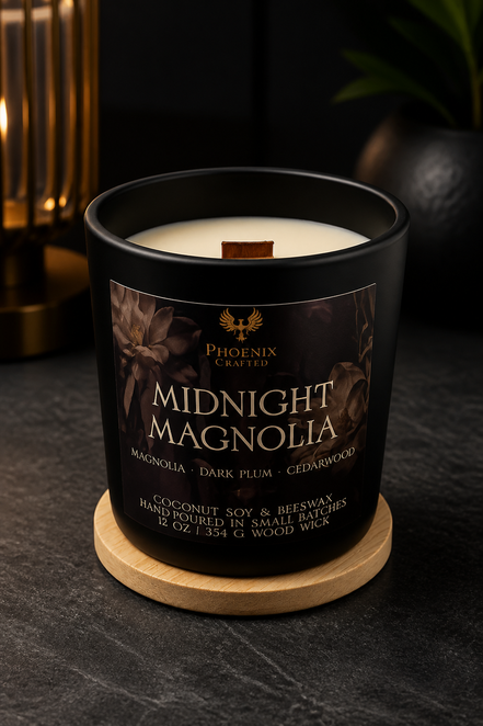 Open Midnight Magnolia candle in a matte black jar with a wooden wick on a wood coaster.