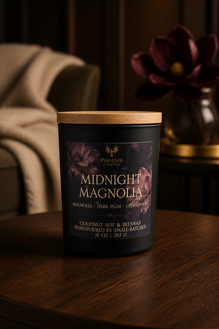 Midnight Magnolia candle in a matte black jar with a wood lid on a wood table beside a magnolia flower.