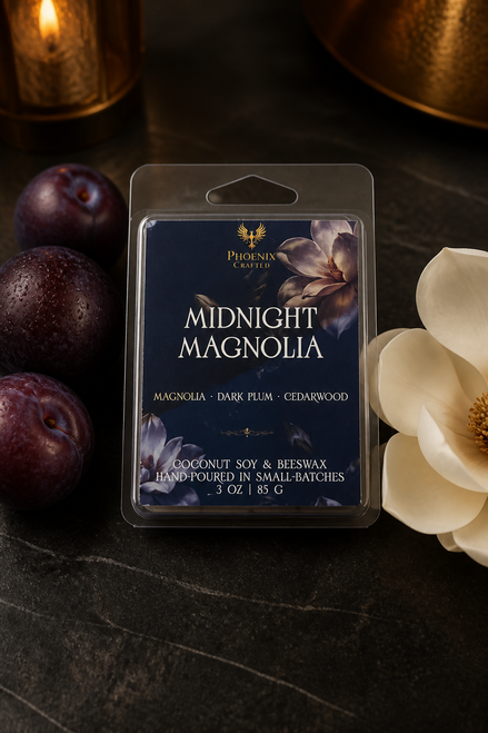 Midnight Magnolia wax melts in a clear clamshell package styled with dark plums and a magnolia flower.