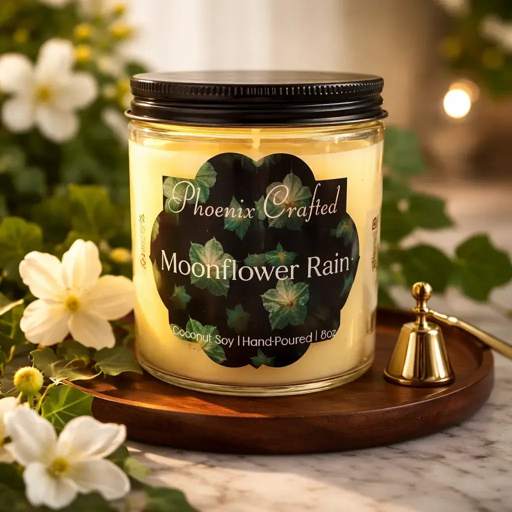 Moonflower Rain Candle in a glass jar on a wooden tray surrounded by flowers and greenery.