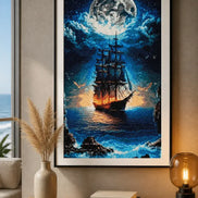 Moonfire Voyage Diamond Painting featuring a ship illuminated by fiery light against a deep ocean background.