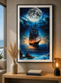 Moonfire Voyage Diamond Painting featuring a ship illuminated by fiery light against a deep ocean background.