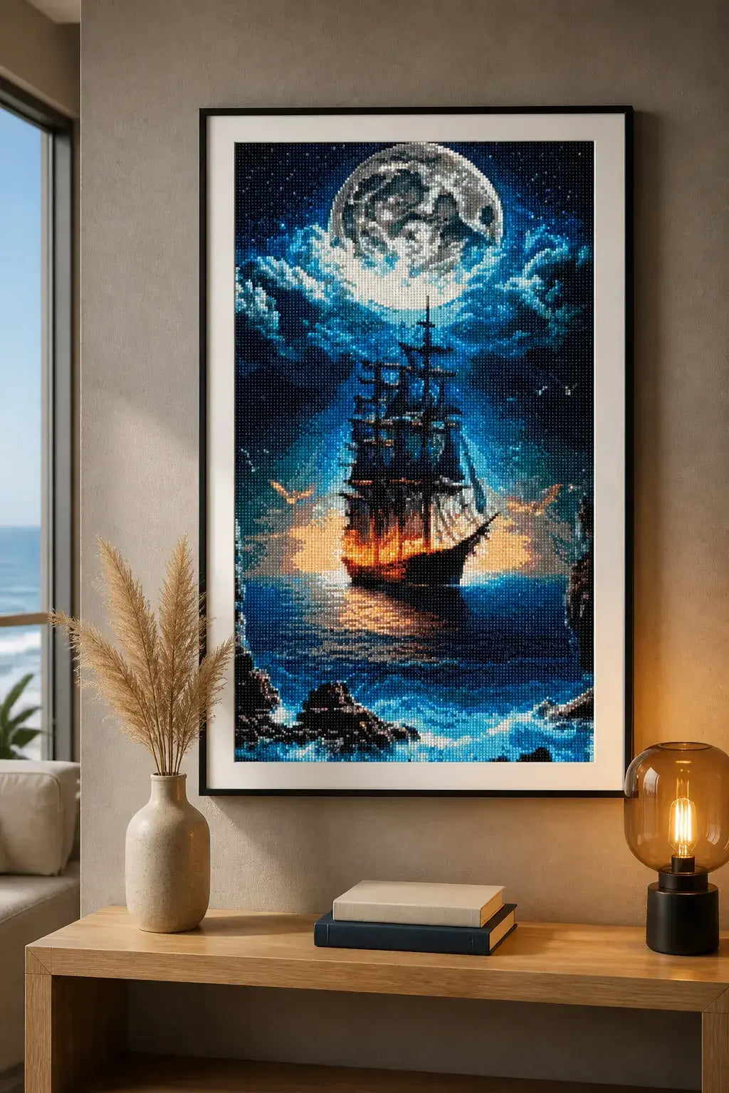 Moonfire Voyage Diamond Painting featuring a ship illuminated by fiery light against a deep ocean background.
