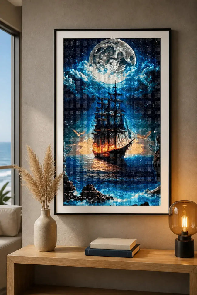 Moonfire Voyage Diamond Painting featuring a ship illuminated by fiery light against a deep ocean background.