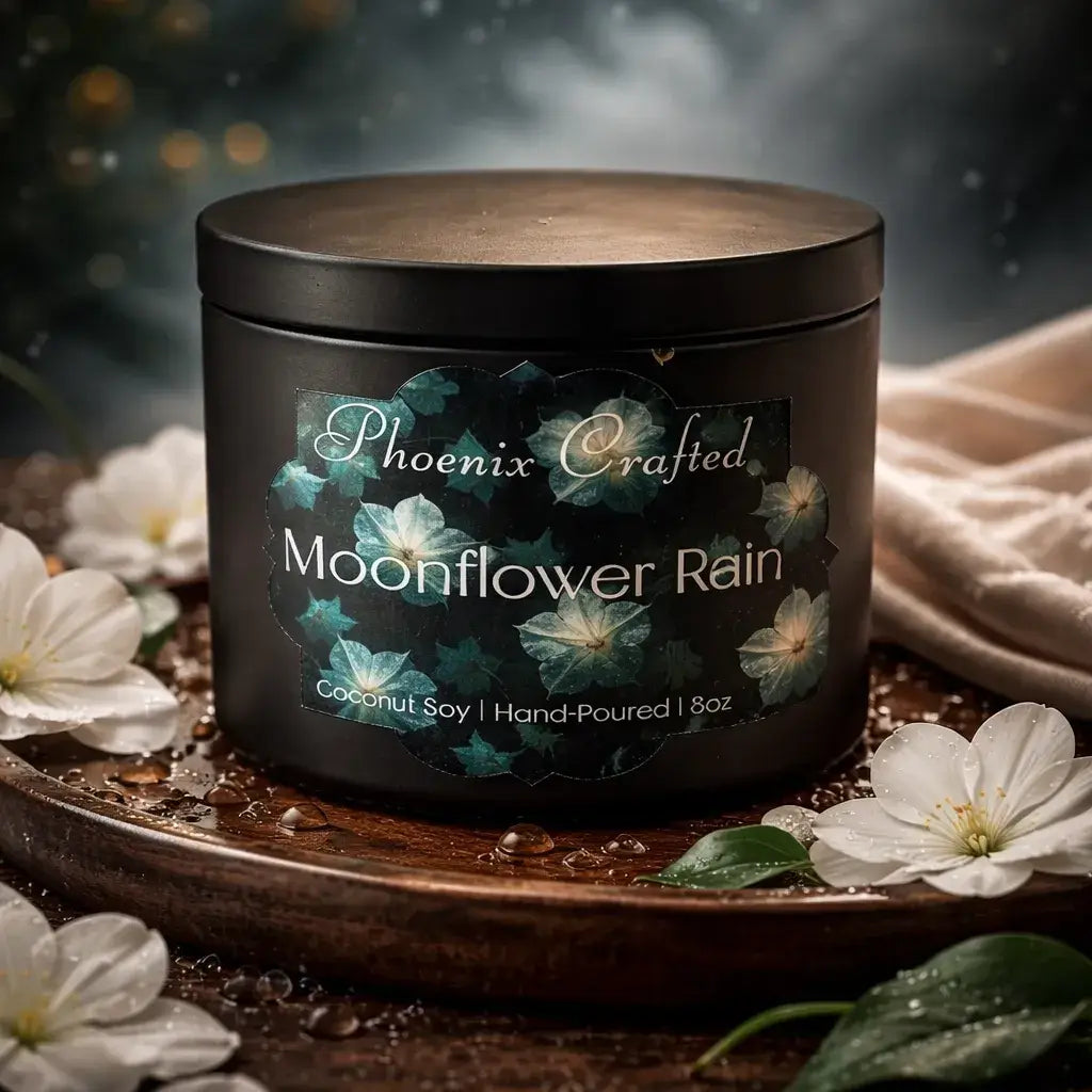 Moonflower Rain Candle in a stylish black jar with white flowers and a serene background, highlighting its coconut-soy blend.