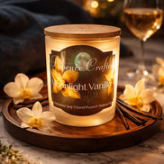Moonlight Vanilla Candle on a wooden tray adorned with flowers, surrounded by soft lights and a glass of wine.