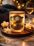 Moonlight Vanilla Candle on a wooden tray adorned with flowers, surrounded by soft lights and a glass of wine.