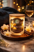 Moonlight Vanilla Candle on a wooden tray adorned with flowers, surrounded by soft lights and a glass of wine.