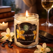 Moonlight Vanilla Candle in a cozy setting with flowers, glowing softly, showcasing its coconut soy blend.