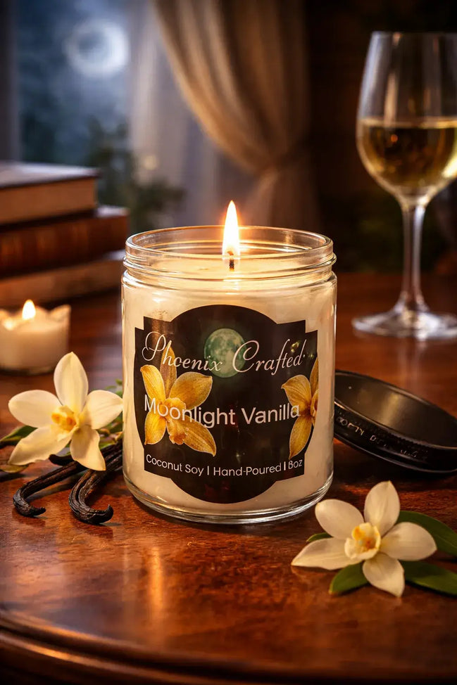 Lit Moonlight Vanilla candle in a clear glass jar with vanilla beans, white flowers, and a glass of wine.