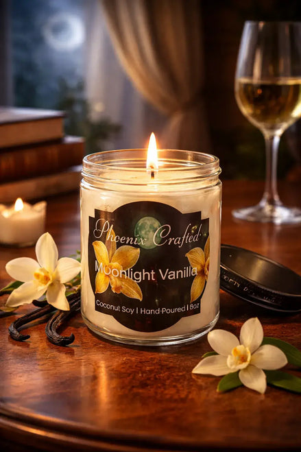 Lit Moonlight Vanilla candle in a clear glass jar with vanilla beans, white flowers, and a glass of wine.