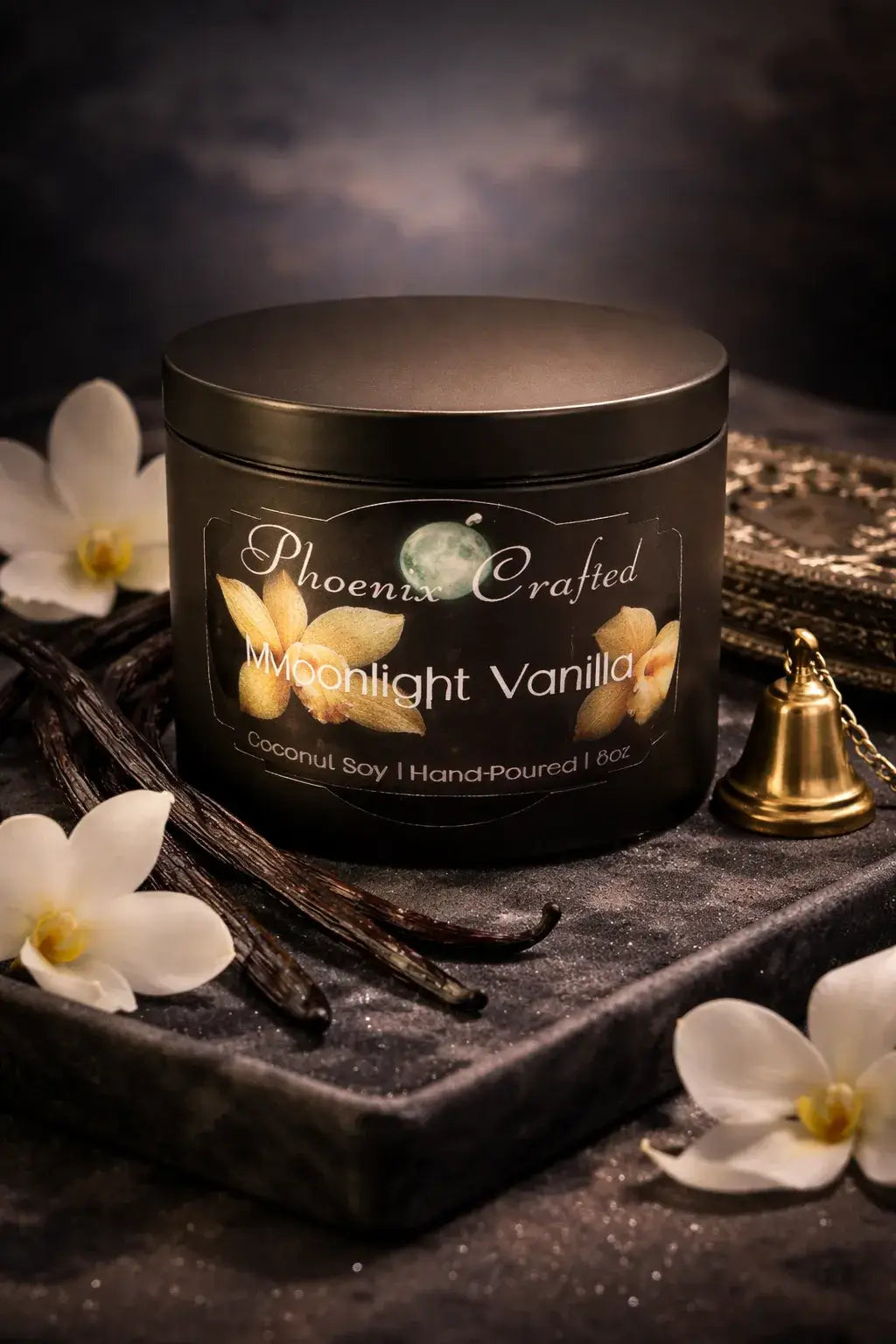 Moonlight Vanilla Candle in a coconut soy jar with flowers and vanilla pods, designed for a comforting fragrance experience.