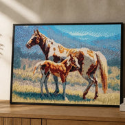 Mountain Meadow Duo mare-and-foal diamond artwork shown in a styled black-frame mockup; artwork is sold unframed.