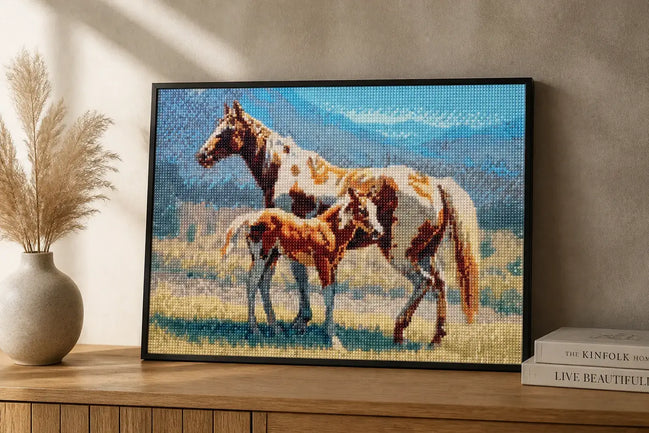 Mountain Meadow Duo mare-and-foal diamond artwork shown in a styled black-frame mockup; artwork is sold unframed.