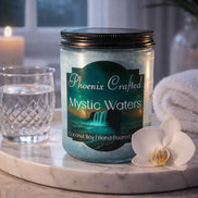 Phoenix Crafted Mystic Waters Candle in a serene setting with glass of water and white orchid.