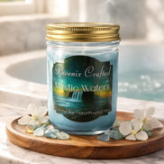 Mystic Waters Candle displayed with a wooden coaster, featuring a calming ocean theme and floral accents.