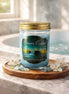 Mystic Waters Candle displayed with a wooden coaster, featuring a calming ocean theme and floral accents.