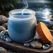 Mystic Waters Candle in a glass jar with blue wax, sitting on a wooden tray surrounded by smooth stones.