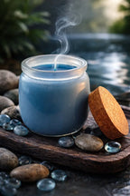 Mystic Waters Candle in a glass jar with blue wax, sitting on a wooden tray surrounded by smooth stones.