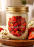 Clear glass jar candle with cream wax and gold lid labeled 'Phoenix Crafted — Naked Berry', on a wooden tray with strawberries and white blossoms.