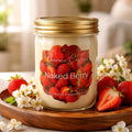 Naked Berry Candle in a jar surrounded by strawberries and flowers, showcasing a vibrant tropical scent.