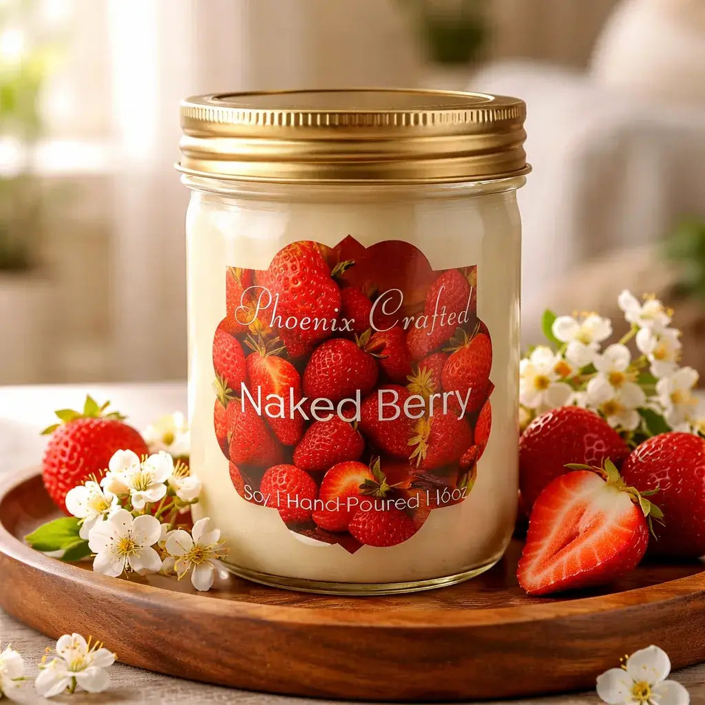 Clear glass jar candle with cream wax and gold lid labeled 'Phoenix Crafted — Naked Berry', on a wooden tray with strawberries and white blossoms.