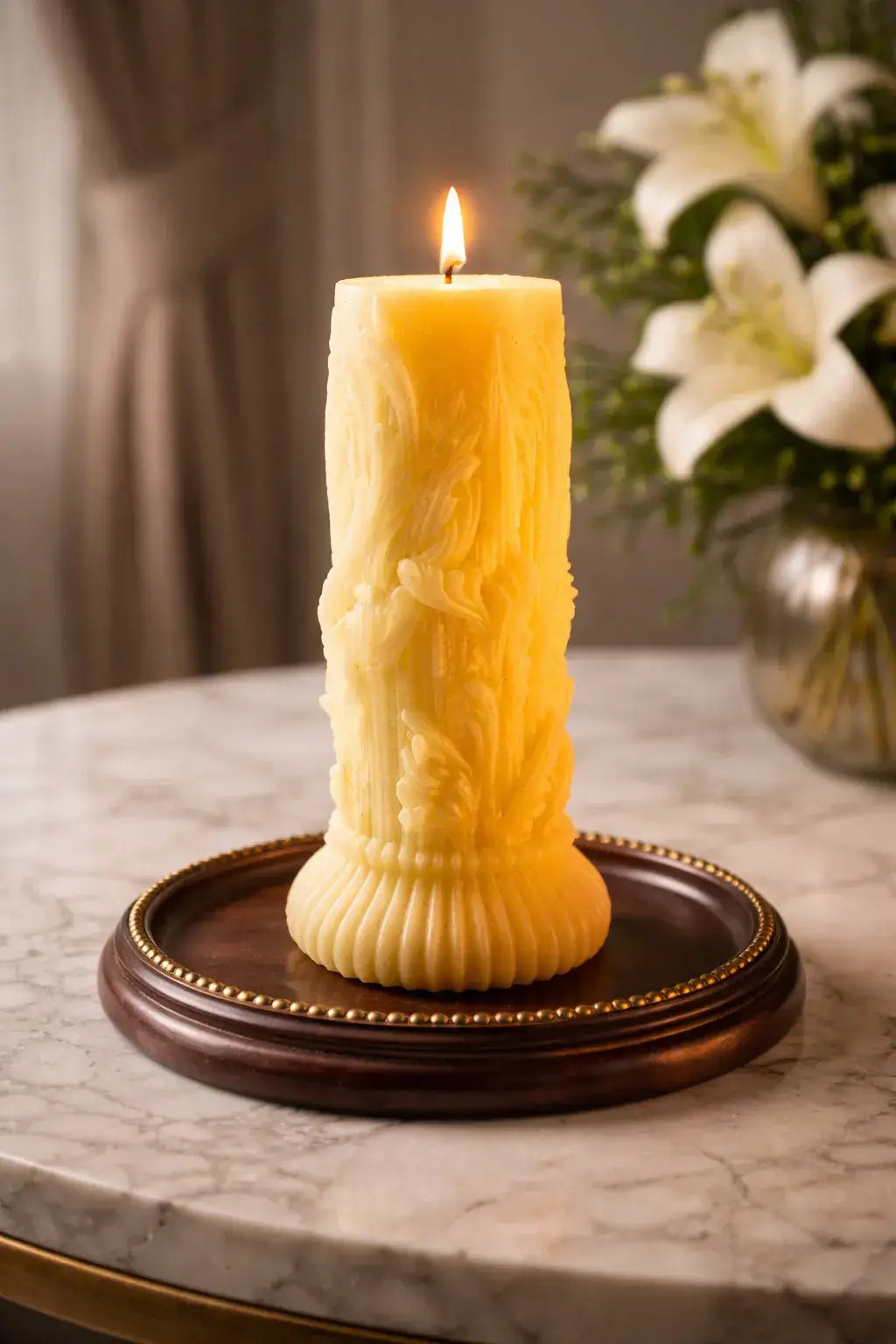 Decorative Naked Berry Candles elegantly displayed on a wooden tray, radiating warm light in a cozy setting.