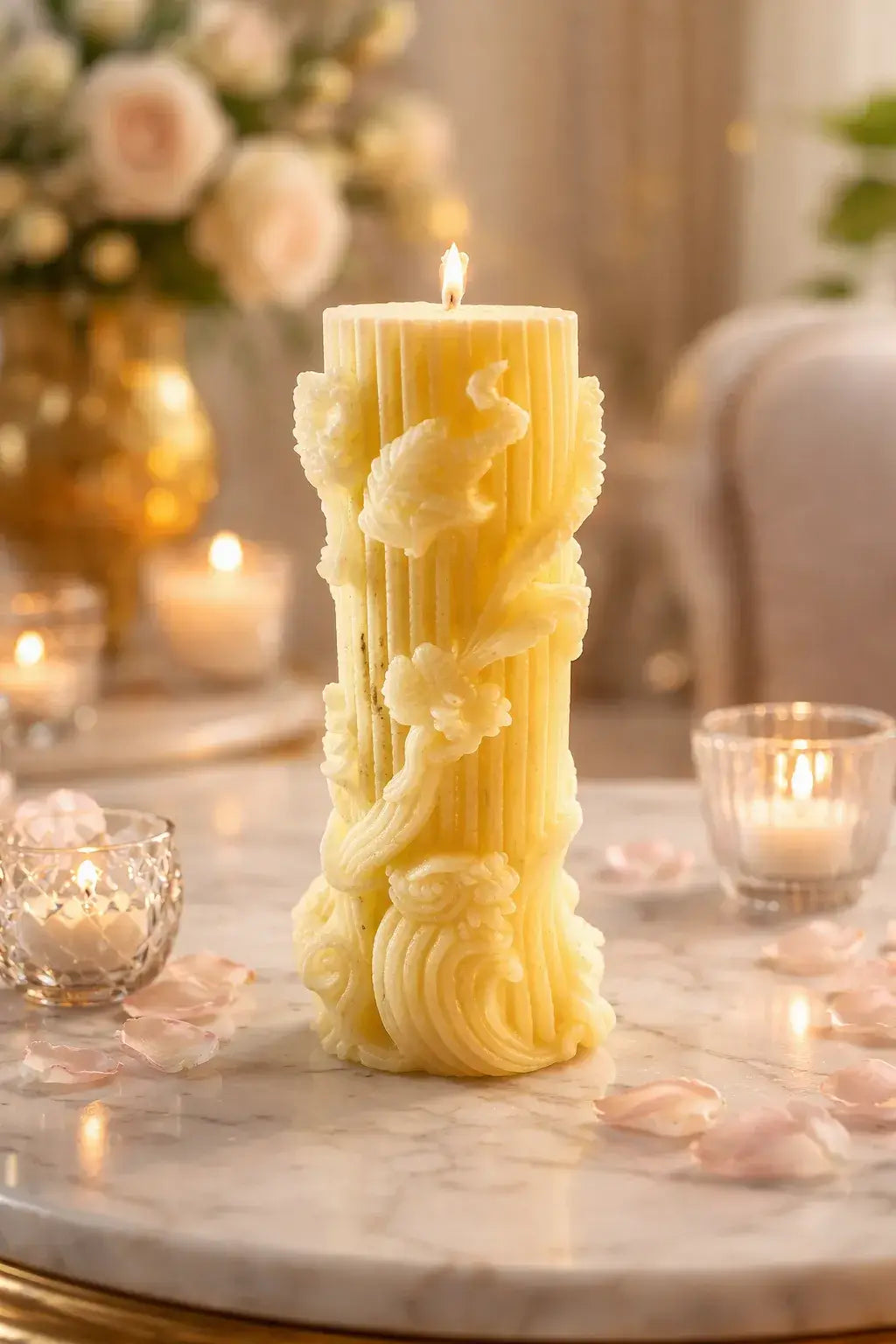 Decorative Naked Berry Candles in a soft yellow shade, beautifully detailed and lit, perfect for vibrant home decor.