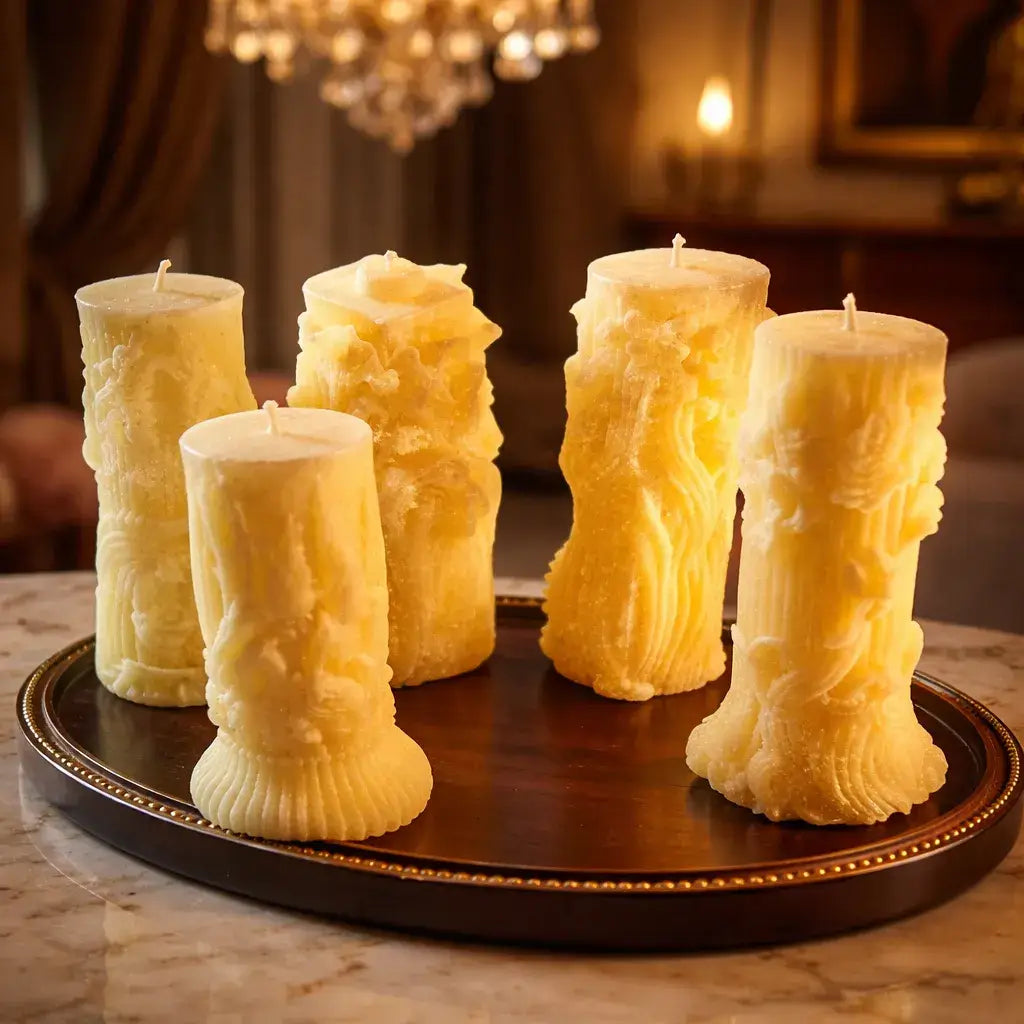 Decorative Naked Berry Candles elegantly displayed on a wooden tray in a warm, inviting setting.