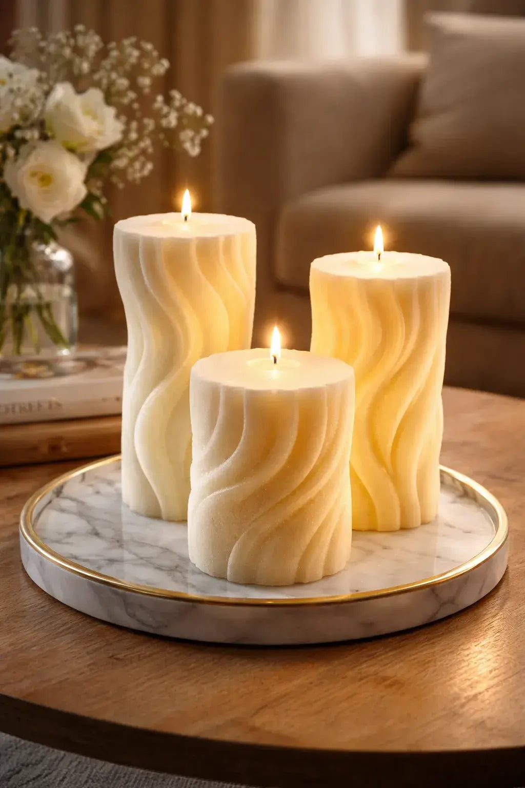 Decorative Naked Berry Candles on a marble tray with a cozy living room background.