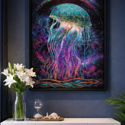 Neon Drift Jellyfish finished diamond artwork shown in a frame mockup; artwork is sold unframed.