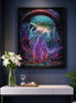 Neon Drift Jellyfish finished diamond artwork shown in a frame mockup; artwork is sold unframed.