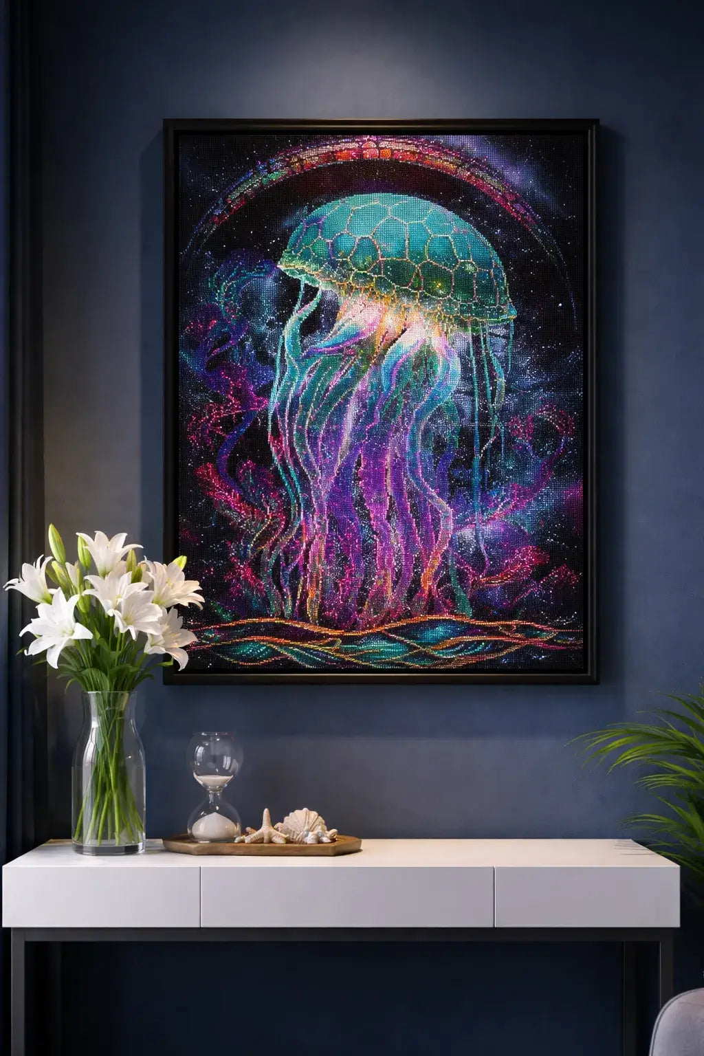 Neon Drift Jellyfish finished diamond artwork shown in a frame mockup; artwork is sold unframed.