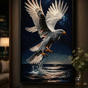 Nightfall Hunter Diamond Painting featuring a majestic bald eagle in flight above water at night.