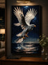 Nightfall Hunter Diamond Painting featuring a majestic bald eagle in flight above water at night.