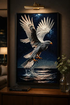 Nightfall Hunter Diamond Painting featuring a majestic bald eagle in flight above water at night.