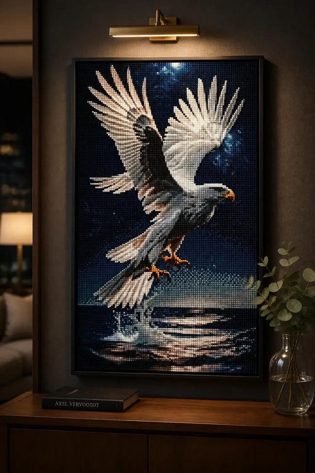 Nightfall Hunter Diamond Painting featuring a majestic bald eagle in flight above water at night.