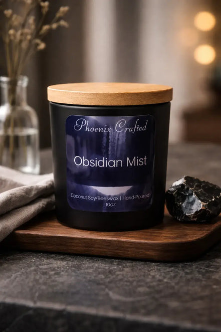 Obsidian Mist Candle displayed on a wooden tray with a raw obsidian stone beside it, featuring a minimalist black jar.