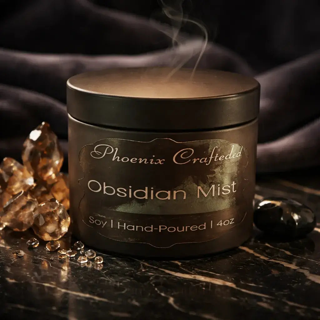 Obsidian Mist Candle by Phoenix Crafted, a hand-poured soy candle, 4oz with elegant packaging.