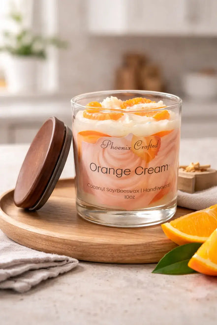 Orange Cream Candle in a glass jar with a wooden lid, featuring citrus and creamy layers, placed on a wooden tray.