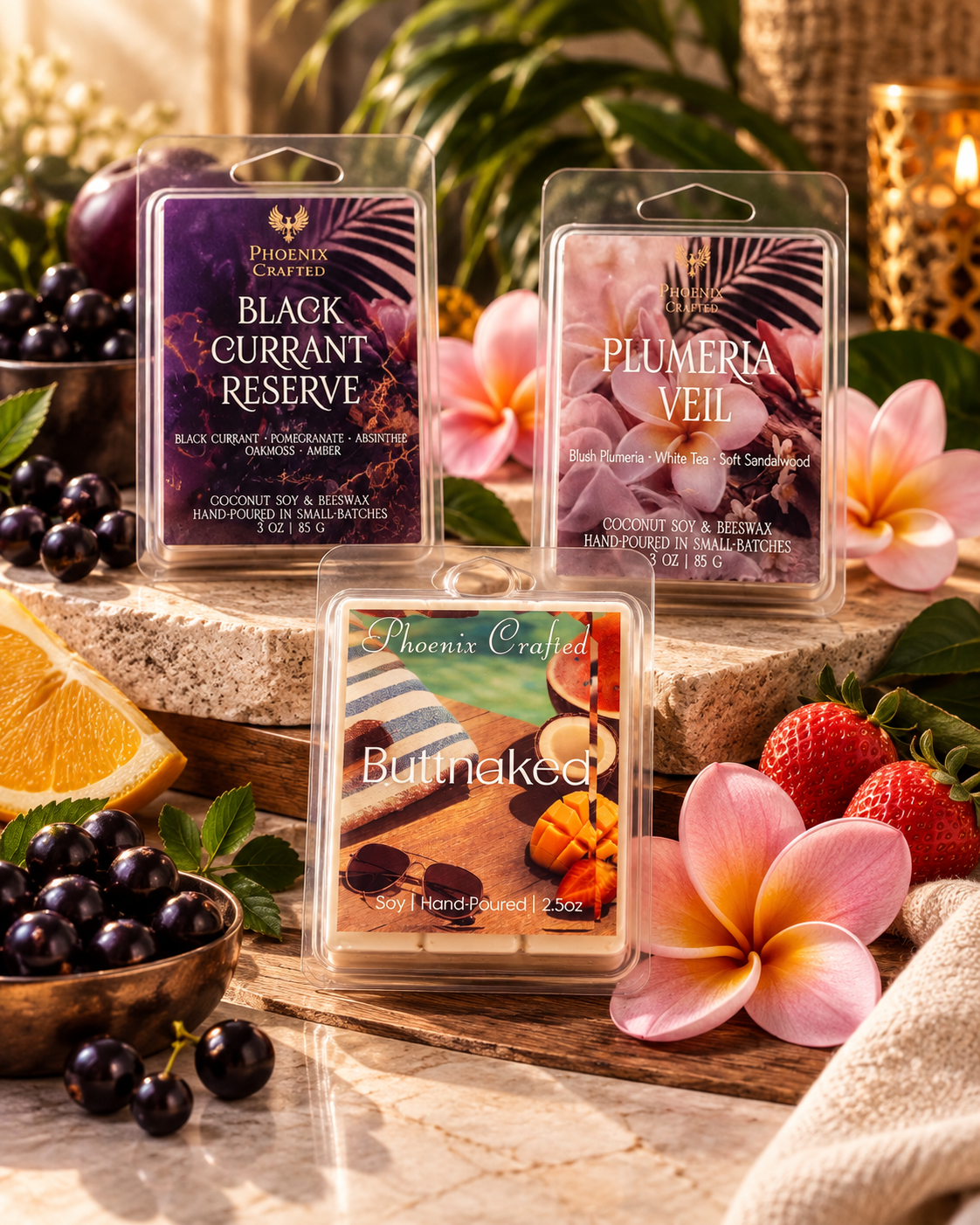 Orchard & Bloom wax melt discovery set with Black Currant Reserve, Butt Naked, and Plumeria Veil.