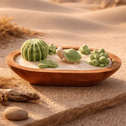 Palo Santo Cedarwood & Patchouli Candle Decorative arrangement of green succulents and a turtle figurine in a wooden bowl on a sandy background.