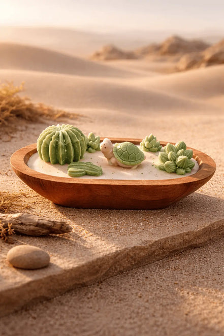 Palo Santo Cedarwood & Patchouli Candle Decorative arrangement of green succulents and a turtle figurine in a wooden bowl on a sandy background.